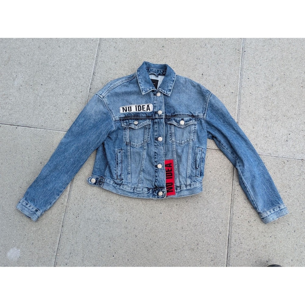 Zara Denim Jacket Womens XS Blue NO IDEA Bossy Boots Graphic Quote Patches Punk
